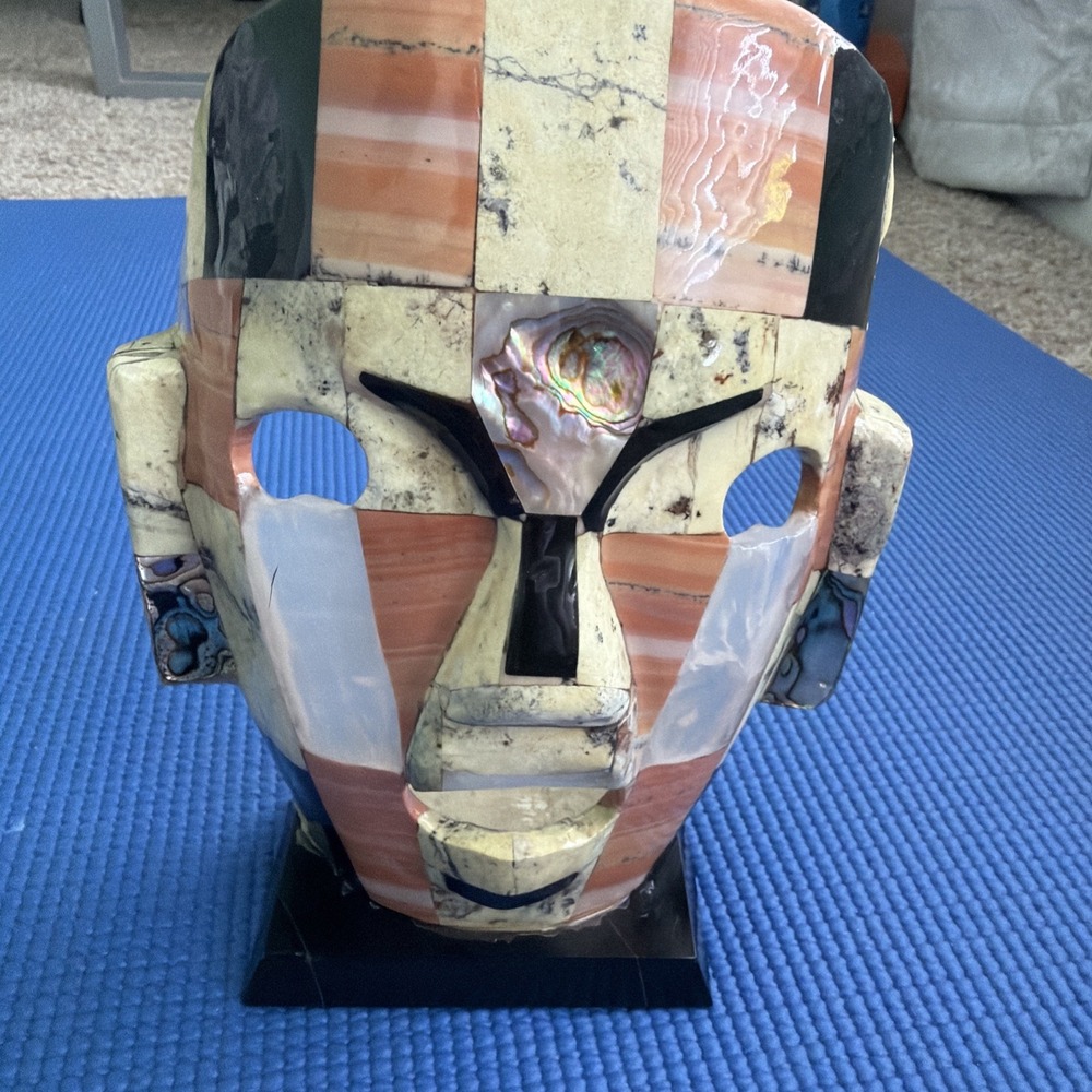 Mayan Aztec Burial Death Mask 8" Abalone Stone Tile Mosaic Neutral Colors